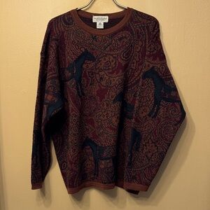 Vintage Tricots St. Raphael Burgundy and Navy Equestrian Paisley Wool Sweater